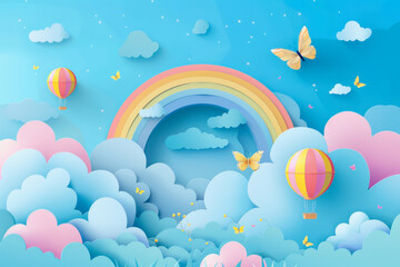 Beautiful fluffy clouds on blue sky background with summer sun