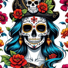 Drawing of a sugar skull pirate with flowers illustration. White background.