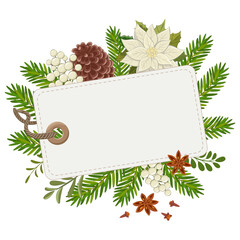 Christmas white tag. A vibrant holiday design featuring pine cone and tree branches arranged for festive decoration during winter