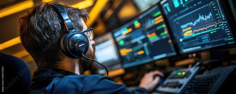 Poster focused professional analyzing data on multiple monitors wearing headphones in a tech environment.