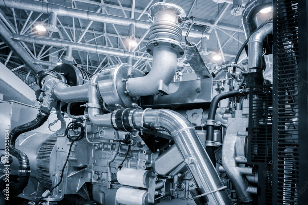 Poster A large engine with many parts is shown in a factory. The engine is made of metal and has a lot of pipes and valves. Concept of industrialization and the complexity of machinery