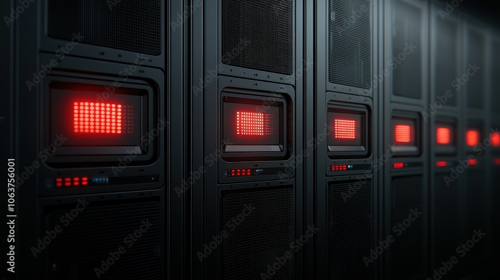 Poster data center with multiple server racks glowing red lights, dark ambient atmosphere, modern technolog