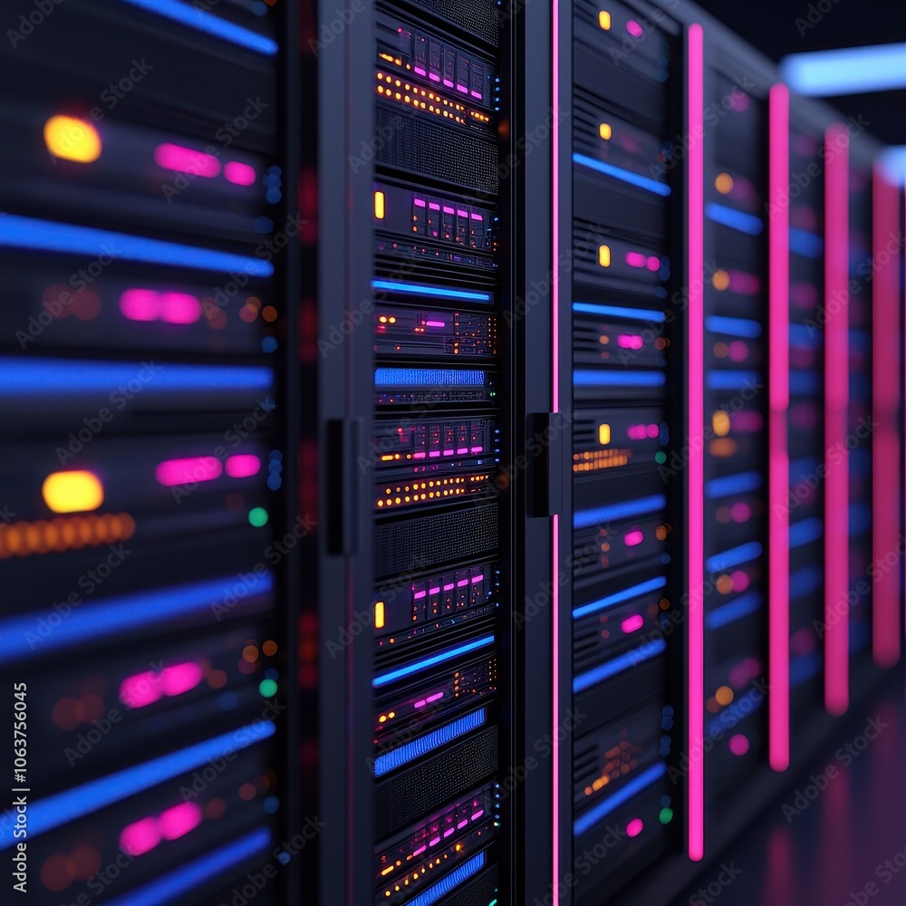 Poster colorful server racks in a modern data center with illuminated lights.