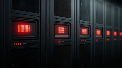 Obraz premium Data center with multiple server racks glowing red lights, dark ambient atmosphere, modern technology setup.