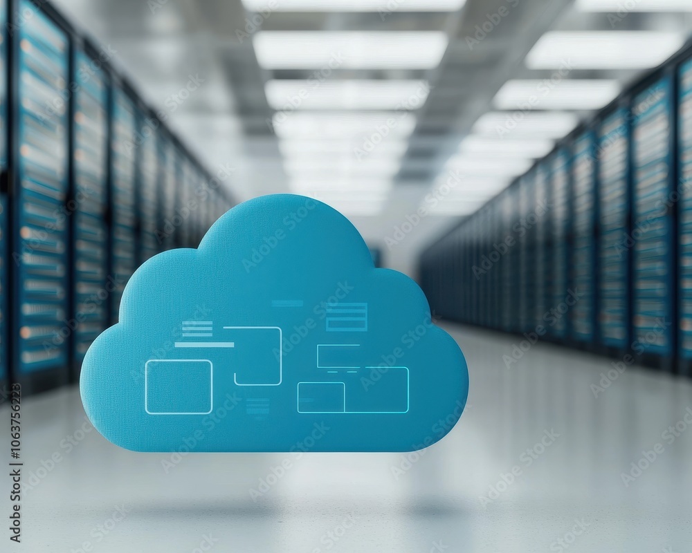 Poster cloud computing icon over a modern data center background, illustrating digital solutions.