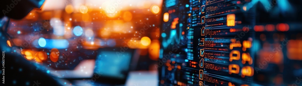 Poster close-up of technology interface with data visualization and blurred background, showcasing innovati