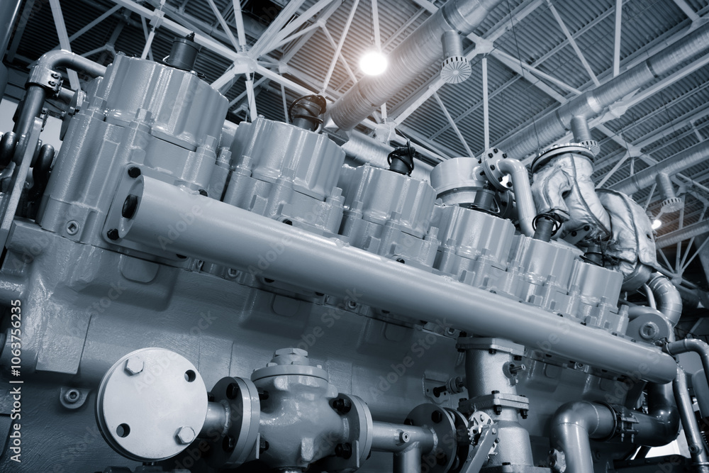 Poster A large engine with many parts is shown in a factory. The engine is made of metal and has a lot of pipes and valves. Concept of industrialization and the complexity of machinery