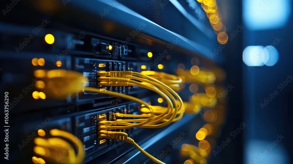 Poster close-up of data servers with glowing lights and network cables in a modern data center.