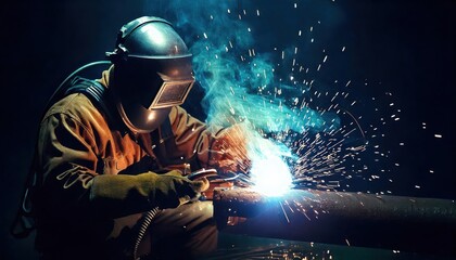A diver welder man works on a pipe in the water 