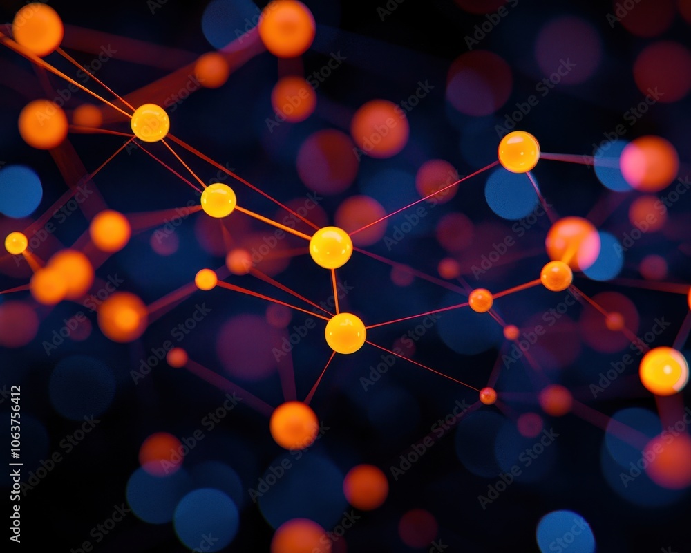 Poster abstract representation of interconnected nodes and connections in a vibrant digital network.