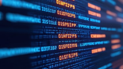 Obraz premium Abstract digital data streams with glowing text in blue and orange tones against a dark background.