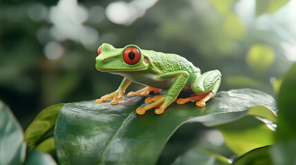 Fototapeta premium vibrant green tree frog perched on leaf, showcasing its bright colors and details