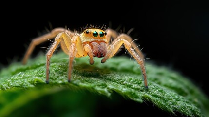 Fototapeta premium A jumping spider with vibrant features sits on a fresh green leaf. The image captures a delicate balance of nature's ingenuity and beauty through macro photography.