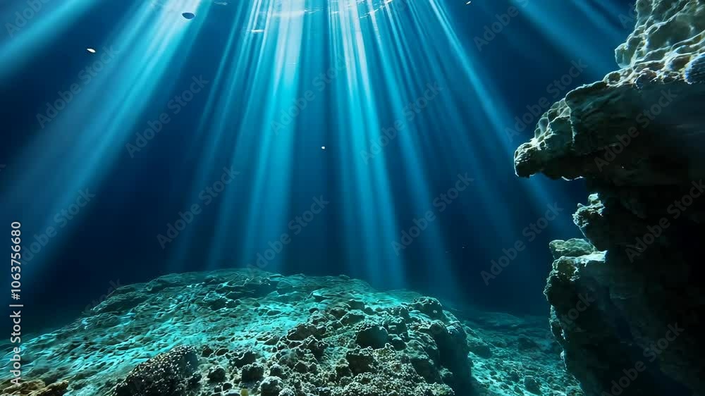 Poster sunlight streams through the water, illuminating the ocean floor and casting long shadows on the roc