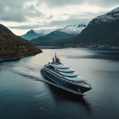 Luxury yacht cruising through fjord landscape.
