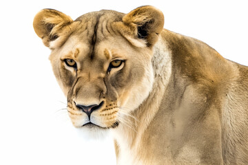 A lion standing gracefully against a clean white background, showcasing her majestic features and powerful presence.