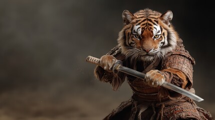 A fierce tiger warrior dressed in an intricate samurai outfit brandishing a katana sword stands poised for action, embodying strength and tradition in a fantastical realm.