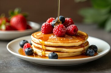 Delicious pancakes decorated with berries and drizzled with honey. Pancakes with fruit. Pancakes with strawberries and raspberries. Beautiful breakfast