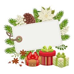 Christmas white tag. A vibrant holiday design featuring pine cone and tree branches arranged for festive decoration during winter
