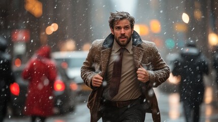 A determined man runs through a bustling city street during a heavy snowfall, highlighting endurance and resilience amidst challenging weather conditions.