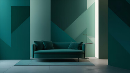design of living room Contemplative Minimalist Background in Rich Teal and Green Hues