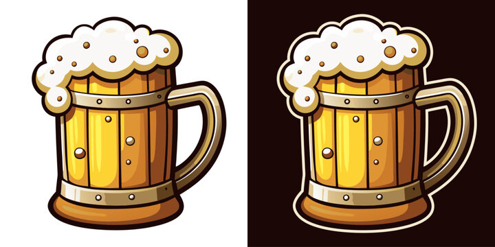 Cartoon style wooden beer mug, complete with metal bands and a generous head of foam, is depicted against both white and dark backgrounds, offering versatile design options