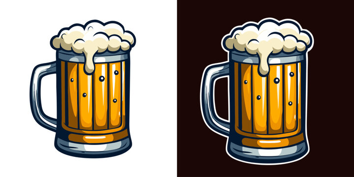 Two variations of a refreshing beer mug overflowing with a frothy head, perfect for representing bars, pubs, breweries, and the enjoyment of a cold beverage