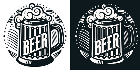 Vintage monochrome round emblem featuring a beer mug with overflowing foam, perfect for brewery or pub logos, emphasizing a classic and traditional beer drinking experience