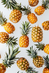 Various falling fresh ripe pineapple on light white background