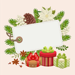 Christmas white tag. A vibrant holiday design featuring pine cone and tree branches arranged for festive decoration during winter