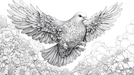 Obraz premium Dove in Flight Surrounded by Flowers