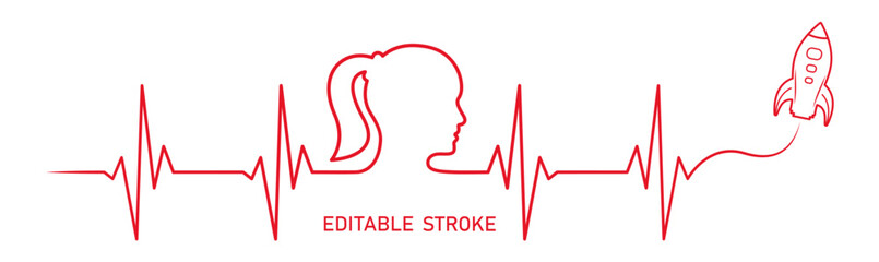 Editable red line, woman people head, spaceship rocket line art vector. Heart rhythm ekg vector design to use for healthy lifestyle, diet, weight loss strategy concept illustration projects. 
