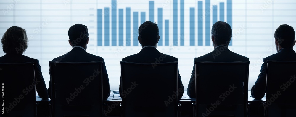Poster silhouetted figures in a meeting analyzing performance metrics on a screen.
