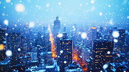 Aerial view of a snowy cityscape at night with illuminated skyscrapers and streets