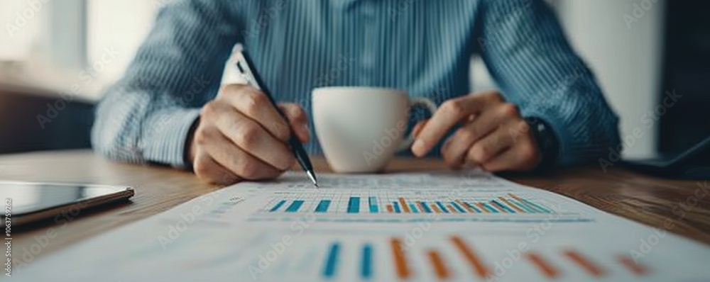 Aufkleber person analyzing data charts while enjoying coffee in a workspace.