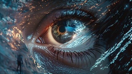 Magical Close Up of Glowing Ethereal Eye Reflecting Surreal Underwater World