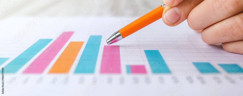 Poster close-up of hand using a pen on colorful bar chart data analysis.