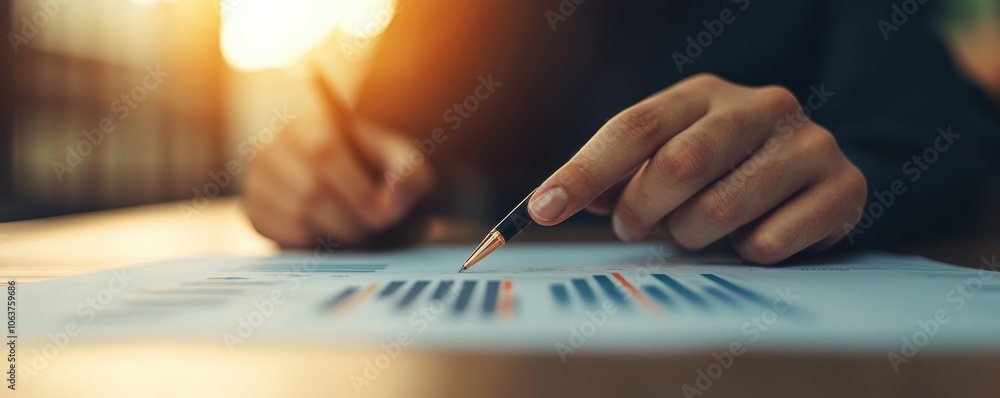 Poster close-up of a hand writing on a business report with charts and graphs.