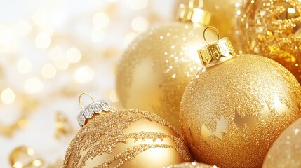 Gold Christmas ornaments sit against a white background.