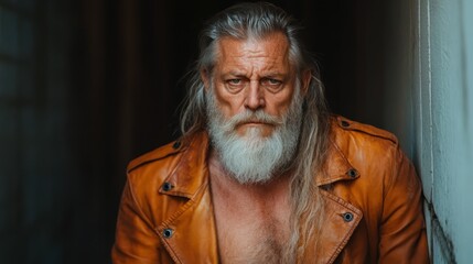 A solemn elderly man with a long gray beard clad in an open leather jacket poses seriously, conveying wisdom and defiance against a dark backdrop.