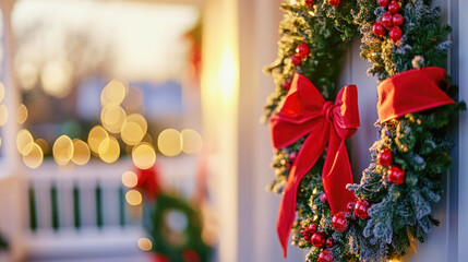 Festive home porch adorned with Christmas wreaths and red ribbons during the holiday season