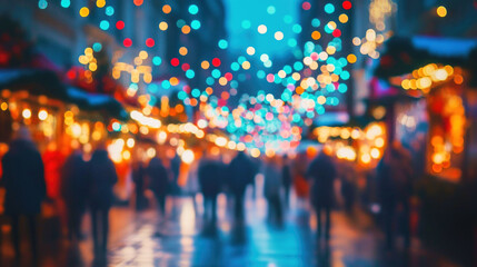 Fototapeta premium Festive Christmas fair with colorful lights and bustling crowd on a winter street