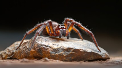 A lifelike robotic spider with intricate, mechanical features is captured on a textured rock, offering a striking contrast between technology and nature.