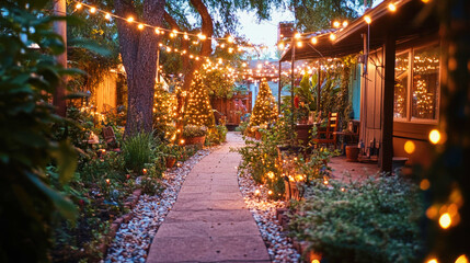 Fototapeta premium Blurry Christmas evening in a backyard with illuminated garden path and festive decorations