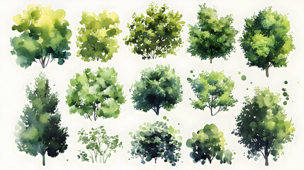 Watercolor Tree Illustration Set - Green Foliage & Branches