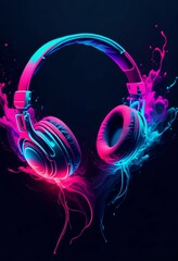 cyber headphones emitting the magic of music in neon glow on a dark background