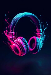cyber headphones emitting the magic of music in neon glow on a dark background