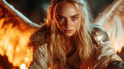 A focused angelic figure with wings and intense gaze is in a fiery setting, symbolizing determination and resilience amidst chaos and challenge.