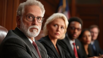 A group of serious judges sitting in a courtroom, showcasing diversity in gender and ethnicity, all focused on proceedings in a formal legal setting.