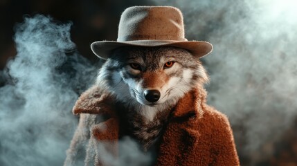 A wolf with cunning orange eyes wears a trench coat and fedora, exuding sly charisma as it emerges from swirling smoke in a moody, dramatic scene.